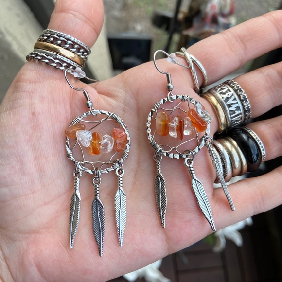 Carnelian & crystal quartz dream catcher earrings - Picture 1 of 6